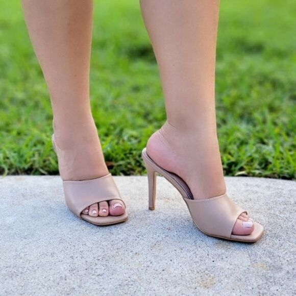 Women's Nude Open Square Toe High Mule Sandals - Picture 2 of 4
